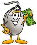 Clip Art Graphic of a Wired Computer Mouse Cartoon Character Holding a Dollar Bill