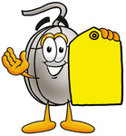 Clip Art Graphic of a Wired Computer Mouse Cartoon Character Holding a Yellow Sales Price Tag