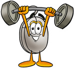 Clip Art Graphic of a Wired Computer Mouse Cartoon Character Holding a Heavy Barbell Above His Head