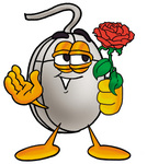 Clip Art Graphic of a Wired Computer Mouse Cartoon Character Holding a Red Rose on Valentines Day