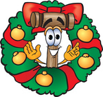 Clip Art Graphic of a Wooden Mallet Cartoon Character in the Center of a Christmas Wreath