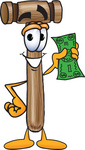 Clip Art Graphic of a Wooden Mallet Cartoon Character Holding a Dollar Bill