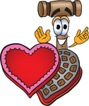 Clip Art Graphic of a Wooden Mallet Cartoon Character With an Open Box of Valentines Day Chocolate Candies