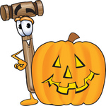 Clip Art Graphic of a Wooden Mallet Cartoon Character With a Carved Halloween Pumpkin