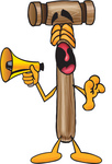 Clip Art Graphic of a Wooden Mallet Cartoon Character Screaming Into a Megaphone