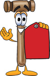 Clip Art Graphic of a Wooden Mallet Cartoon Character Holding a Red Sales Price Tag