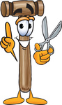 Clip Art Graphic of a Wooden Mallet Cartoon Character Holding a Pair of Scissors