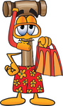 Clip Art Graphic of a Wooden Mallet Cartoon Character in Orange and Red Snorkel Gear