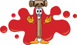 Clip Art Graphic of a Wooden Mallet Cartoon Character Logo With Red Paint Splatters