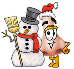 Clip Art Graphic of a Human Nose Cartoon Character With a Snowman on Christmas