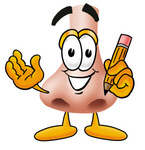 Clip Art Graphic of a Human Nose Cartoon Character Holding a Pencil