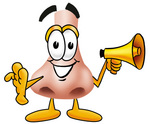 Clip Art Graphic of a Human Nose Cartoon Character Holding a Megaphone