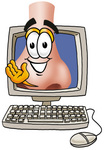 Clip Art Graphic of a Human Nose Cartoon Character Waving From Inside a Computer Screen