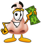 Clip Art Graphic of a Human Nose Cartoon Character Holding a Dollar Bill