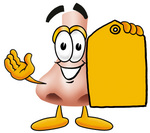 Clip Art Graphic of a Human Nose Cartoon Character Holding a Yellow Sales Price Tag