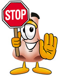 Clip Art Graphic of a Human Nose Cartoon Character Holding a Stop Sign
