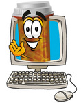 Clip Art Graphic of a Medication Prescription Pill Bottle Cartoon Character Waving From Inside a Computer Screen