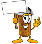 Clip Art Graphic of a Medication Prescription Pill Bottle Cartoon Character Holding a Blank Sign