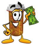 Clip Art Graphic of a Medication Prescription Pill Bottle Cartoon Character Holding a Dollar Bill