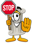 Clip Art Graphic of a Pillar Cartoon Character Holding a Stop Sign