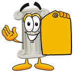 Clip Art Graphic of a Pillar Cartoon Character Holding a Yellow Sales Price Tag