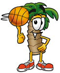 Clip Art Graphic of a Tropical Palm Tree Cartoon Character Spinning a Basketball on His Finger