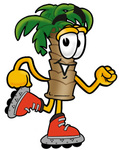 Clip Art Graphic of a Tropical Palm Tree Cartoon Character Roller Blading on Inline Skates
