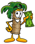 Clip Art Graphic of a Tropical Palm Tree Cartoon Character Holding a Dollar Bill