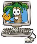 Clip Art Graphic of a Tropical Palm Tree Cartoon Character Waving From Inside a Computer Screen