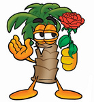 Clip Art Graphic of a Tropical Palm Tree Cartoon Character Holding a Red Rose on Valentines Day