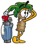 Clip Art Graphic of a Tropical Palm Tree Cartoon Character Swinging His Golf Club While Golfing