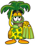 Clip Art Graphic of a Tropical Palm Tree Cartoon Character in Green and Yellow Snorkel Gear