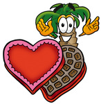 Clip Art Graphic of a Tropical Palm Tree Cartoon Character With an Open Box of Valentines Day Chocolate Candies