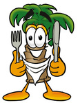 Clip Art Graphic of a Tropical Palm Tree Cartoon Character Holding a Knife and Fork