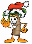 Clip Art Graphic of a Tropical Palm Tree Cartoon Character Wearing a Santa Hat and Waving