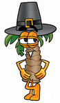 Clip Art Graphic of a Tropical Palm Tree Cartoon Character Wearing a Pilgrim Hat on Thanksgiving