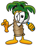 Clip Art Graphic of a Tropical Palm Tree Cartoon Character Looking Through a Magnifying Glass