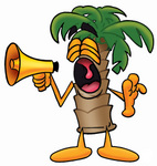 Clip Art Graphic of a Tropical Palm Tree Cartoon Character Screaming Into a Megaphone