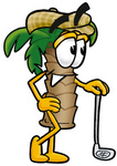 Clip Art Graphic of a Tropical Palm Tree Cartoon Character Leaning on a Golf Club While Golfing