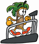 Clip Art Graphic of a Tropical Palm Tree Cartoon Character Walking on a Treadmill in a Fitness Gym