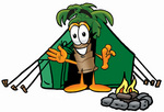 Clip Art Graphic of a Tropical Palm Tree Cartoon Character Camping With a Tent and Fire
