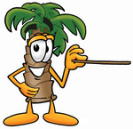Clip Art Graphic of a Tropical Palm Tree Cartoon Character Holding a Pointer Stick