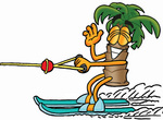 Clip Art Graphic of a Tropical Palm Tree Cartoon Character Waving While Water Skiing