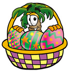 Clip Art Graphic of a Tropical Palm Tree Cartoon Character in an Easter Basket Full of Decorated Easter Eggs