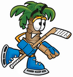Clip Art Graphic of a Tropical Palm Tree Cartoon Character Playing Ice Hockey