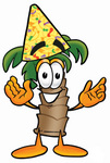 Clip Art Graphic of a Tropical Palm Tree Cartoon Character Wearing a Birthday Party Hat