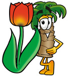 Clip Art Graphic of a Tropical Palm Tree Cartoon Character With a Red Tulip Flower in the Spring