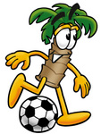 Clip Art Graphic of a Tropical Palm Tree Cartoon Character Kicking a Soccer Ball