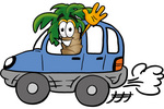 Clip Art Graphic of a Tropical Palm Tree Cartoon Character Driving a Blue Car and Waving