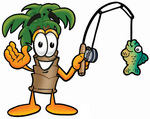 Clip Art Graphic of a Tropical Palm Tree Cartoon Character Holding a Fish on a Fishing Pole